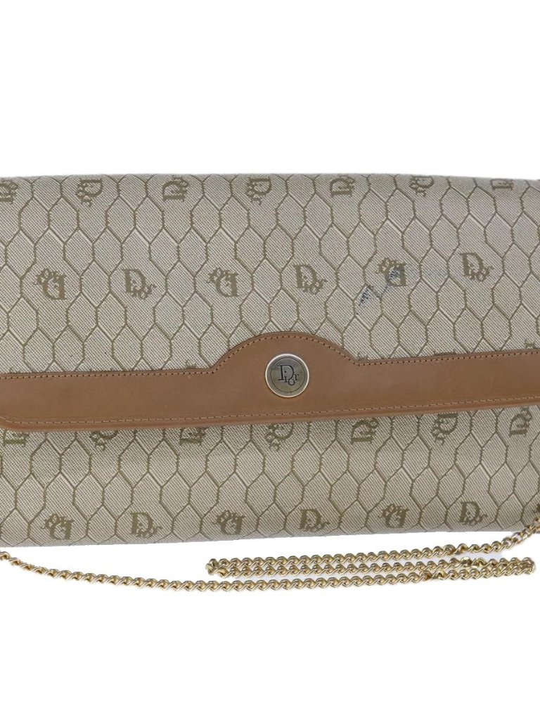 Christian Dior Honeycomb Canvas Chain Shoulder Bag Pvc Beige Gold Auth Bs21206
